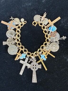 Vintage Religious Christian Sterling Silver Gold Filled Charm Bracelet Cross